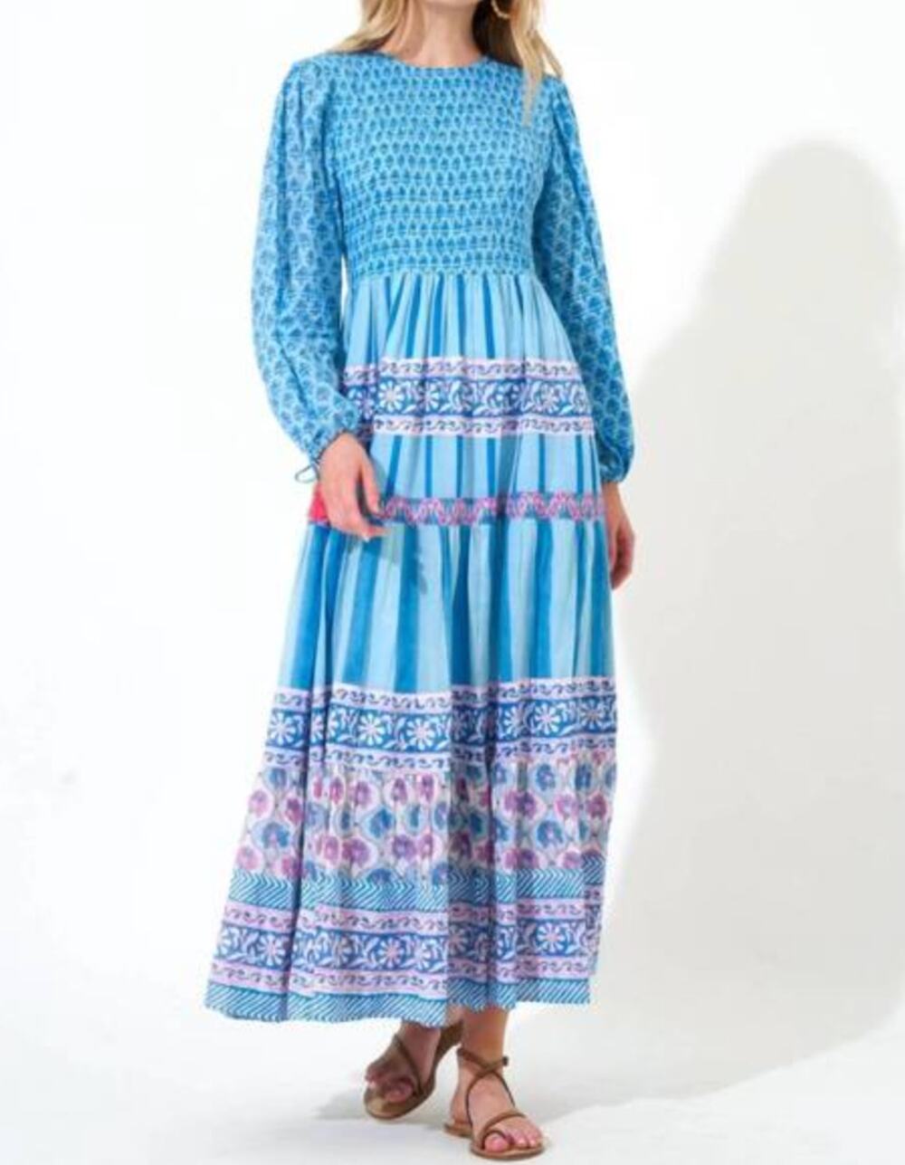 OLIPHANT Tuckernuck Smocked Top Long Sleeve Maxi Dress Fern Blue Block Print M